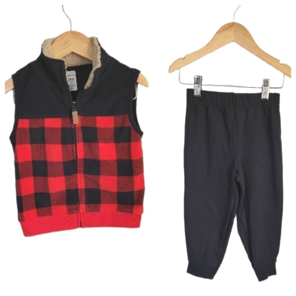 Carter's 2-piece Red and Black Plaid Fleece Zip-up with black pants, 24 … - Picture 1 of 6